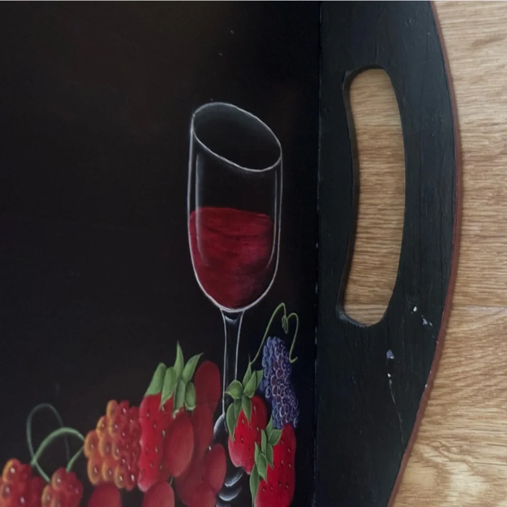 Vintage Hand Painted Chalkboard Serving Tray Wine Glass & Fruit Design